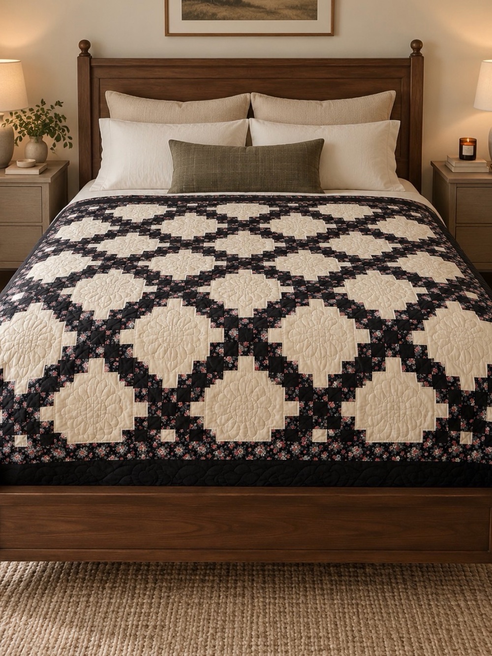 King Size Nine Patch/Irish Chain Quilt in Cream and Black Floral